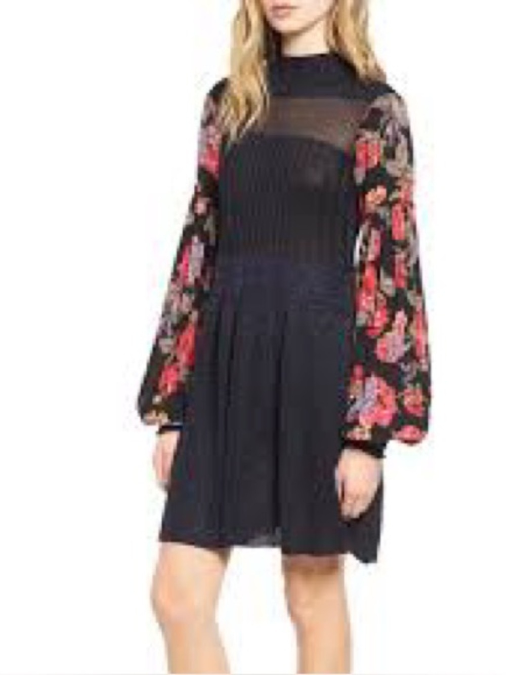 Free People Navy Shimmer Knit Dress Floral Balloon Sleeve Fit & Flare Size M